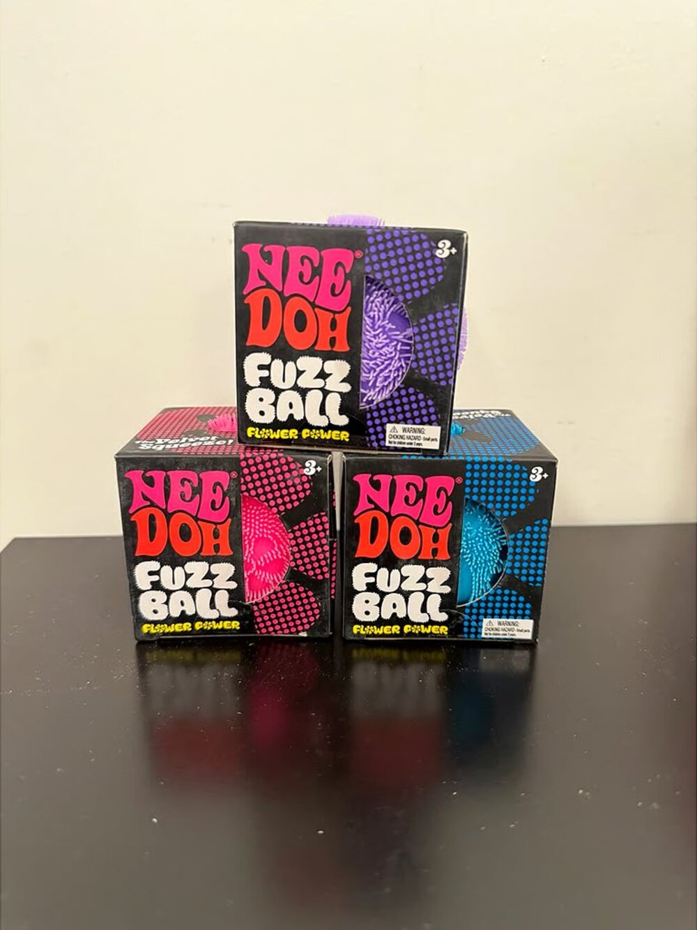 NeeDoh Schylling - Set Of 3 - Fuzz Ball Flower Power - New blue, Purple and pink